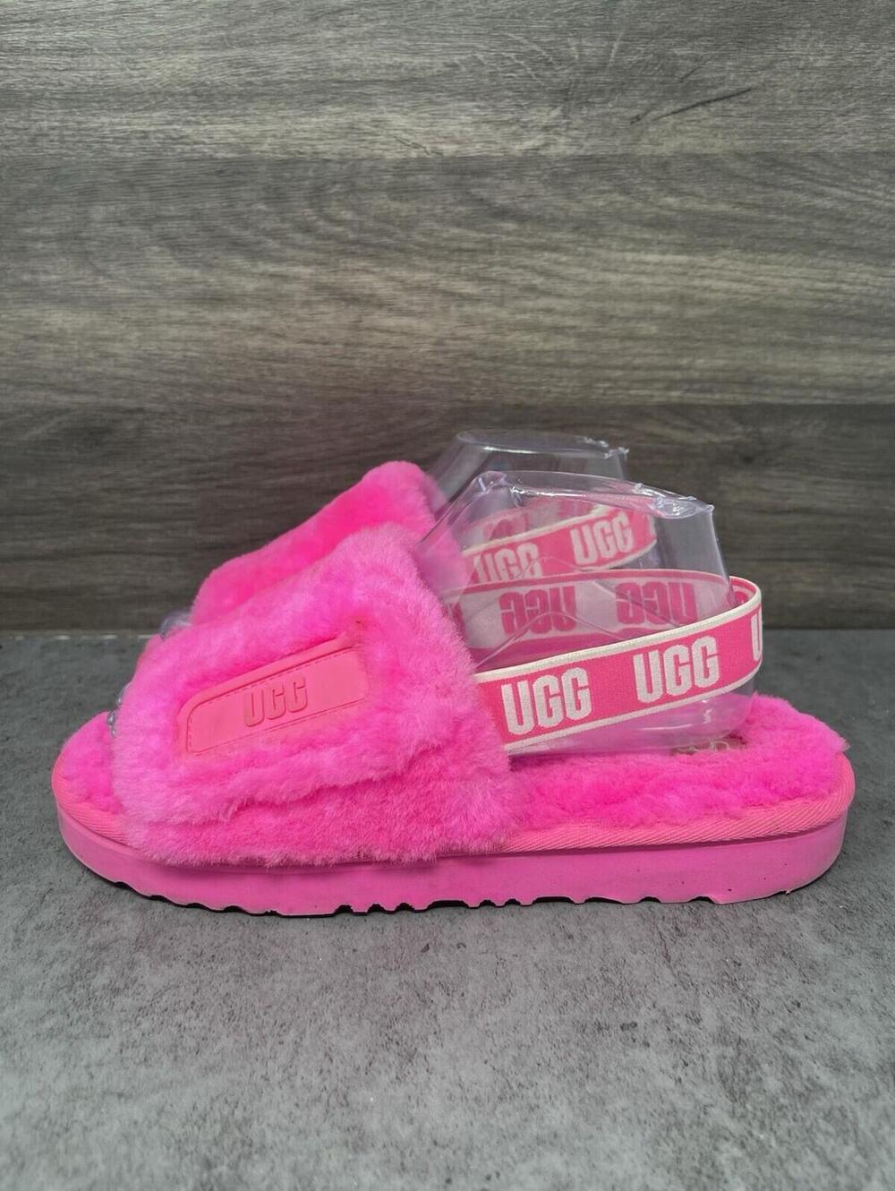 UGG Disco Slide Kids Size 6 Pink Fluff Shearling Slip On Slingback Sandals